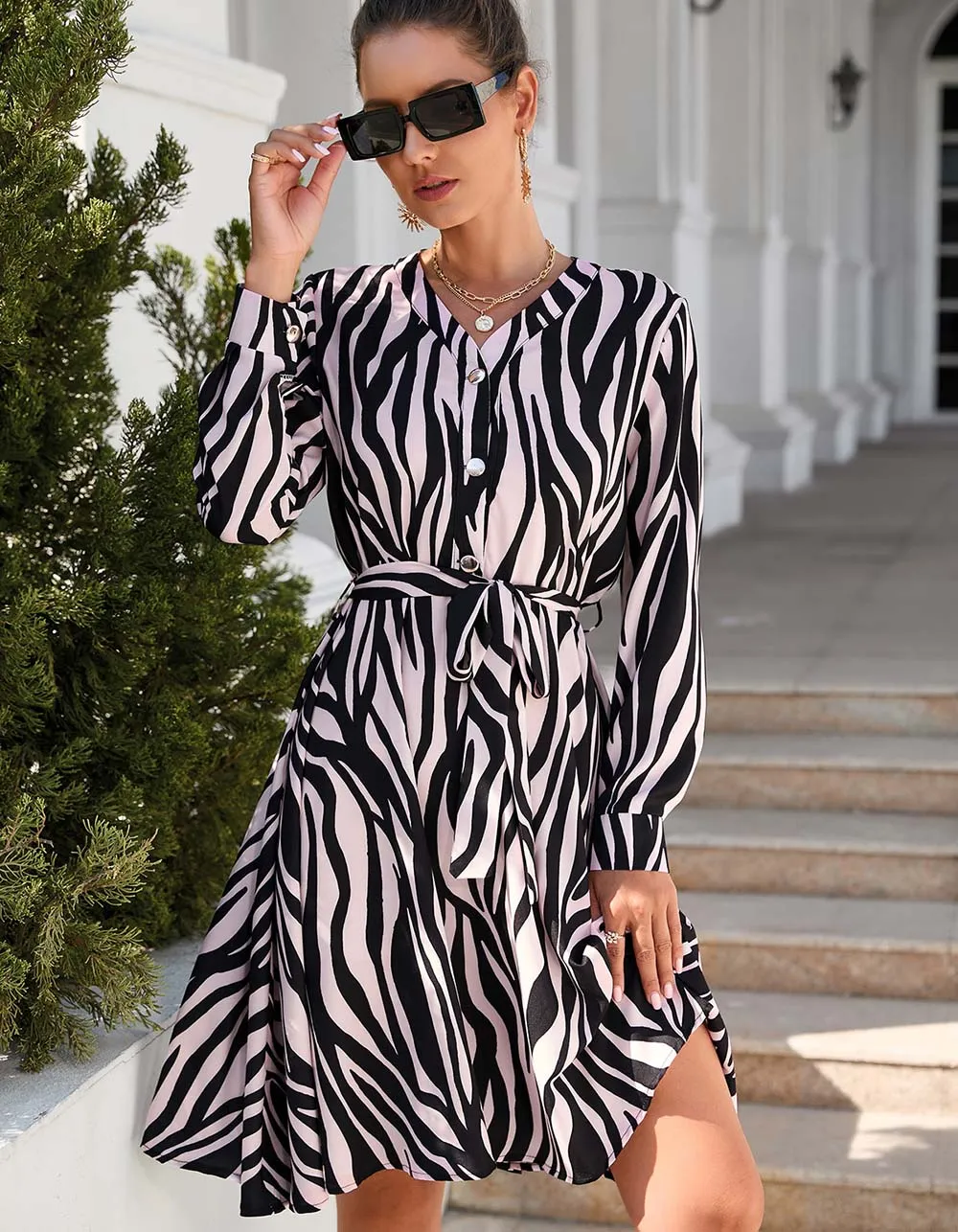 Paisley Printed V Neck Long Sleeve Ruffle Midi A-Line Dresses