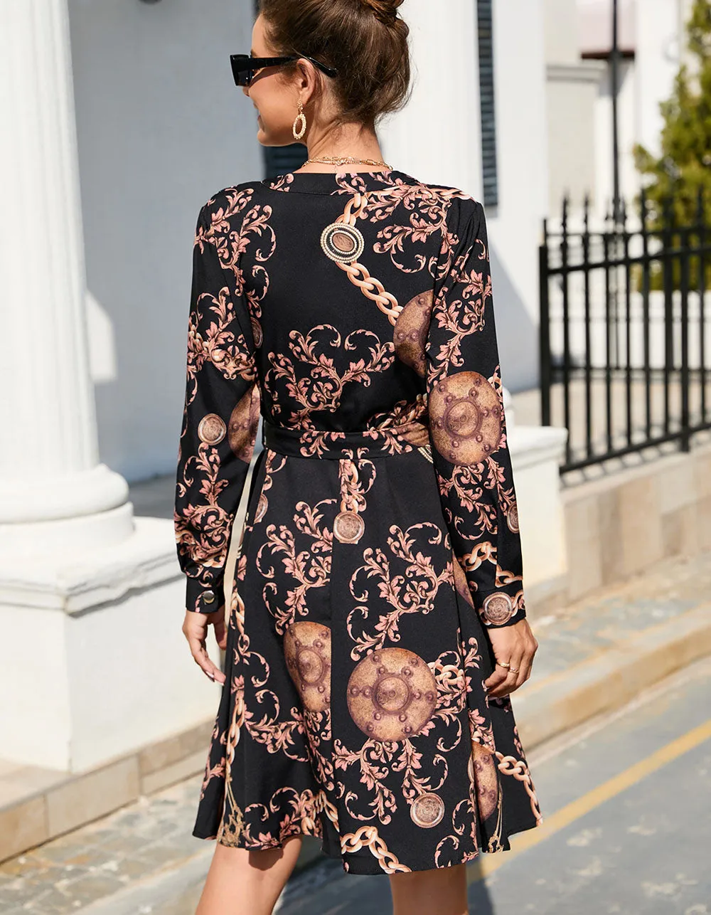Paisley Printed V Neck Long Sleeve Ruffle Midi A-Line Dresses
