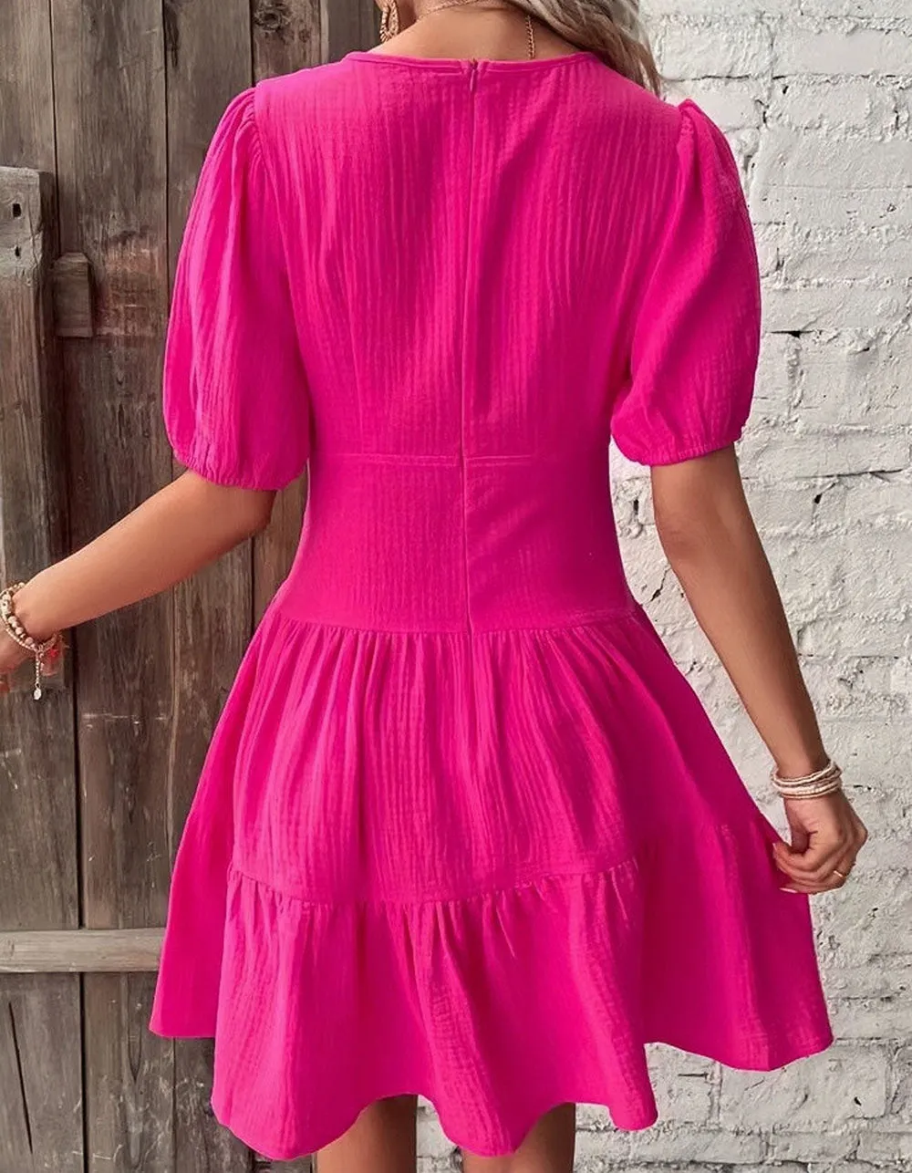 Plain Solid-color Slim Fit High Waist V-Neck Short A-Line Dresses