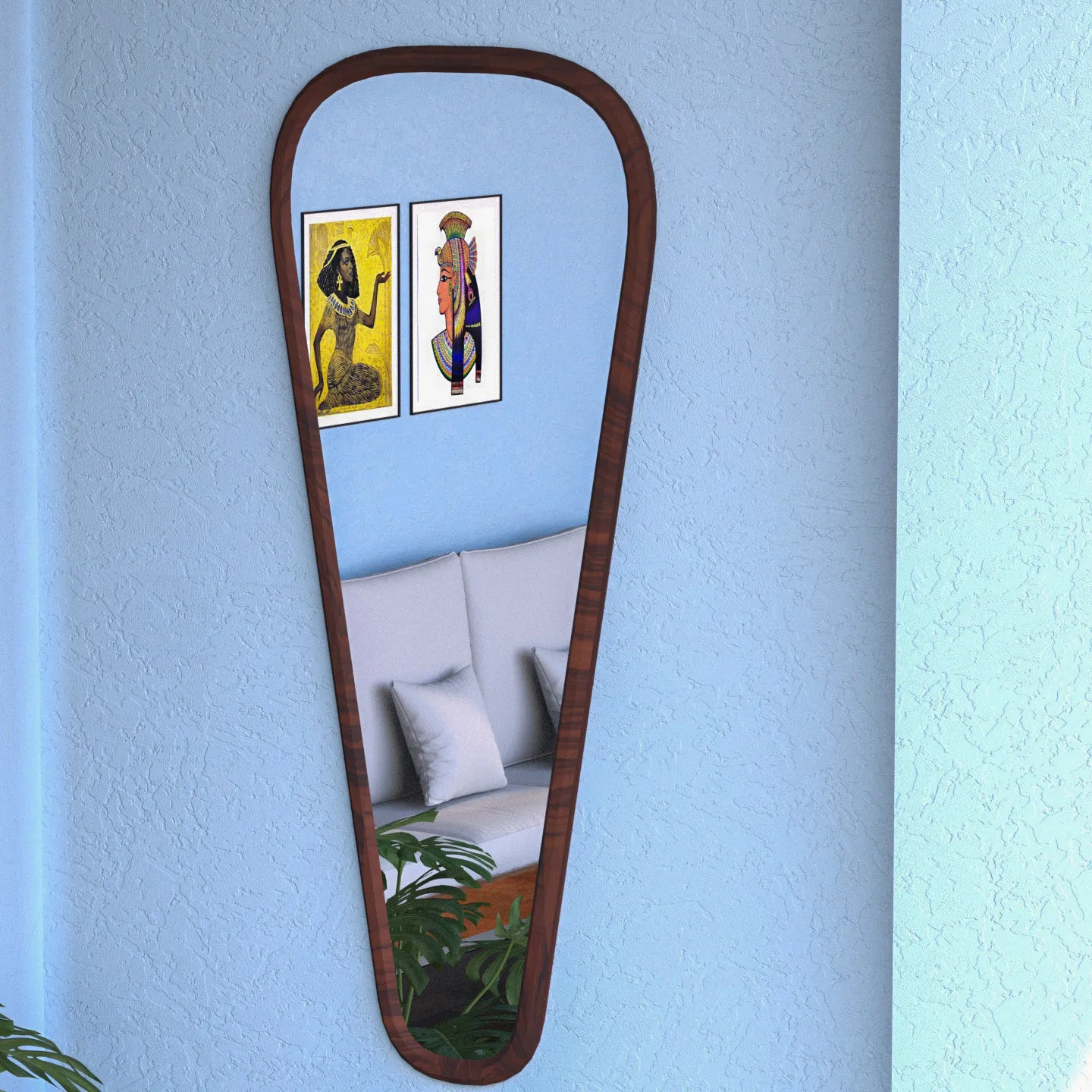 Premium Curved Shaped Thin Border Wood Finish Mirror