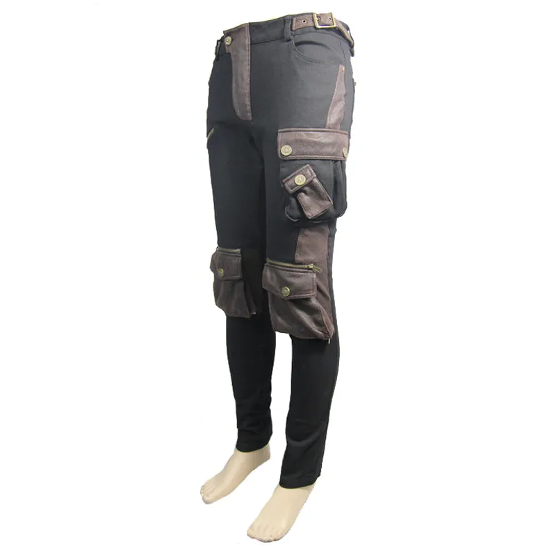 PT06702 biker Black and coffee steampunk metallic multi-bag men trousers