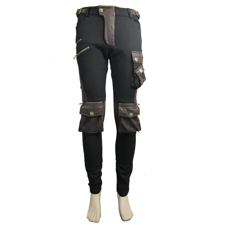 PT06702 biker Black and coffee steampunk metallic multi-bag men trousers