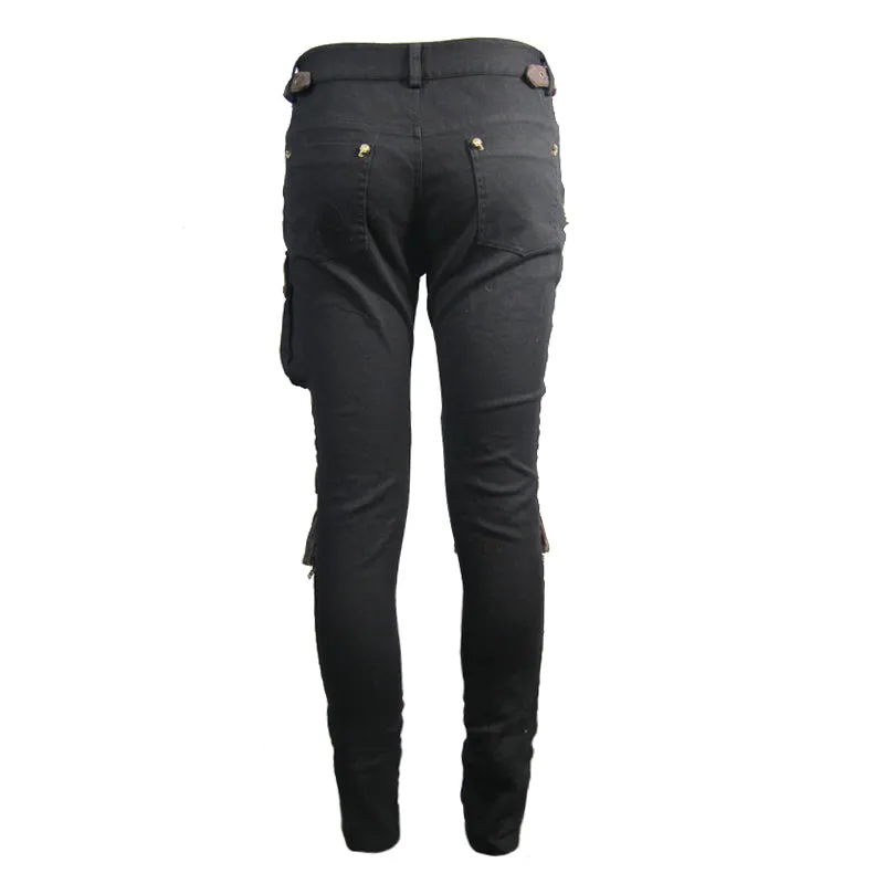 PT06702 biker Black and coffee steampunk metallic multi-bag men trousers