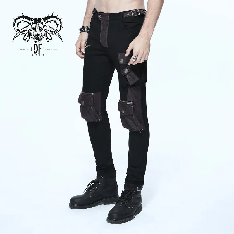 PT06702 biker Black and coffee steampunk metallic multi-bag men trousers