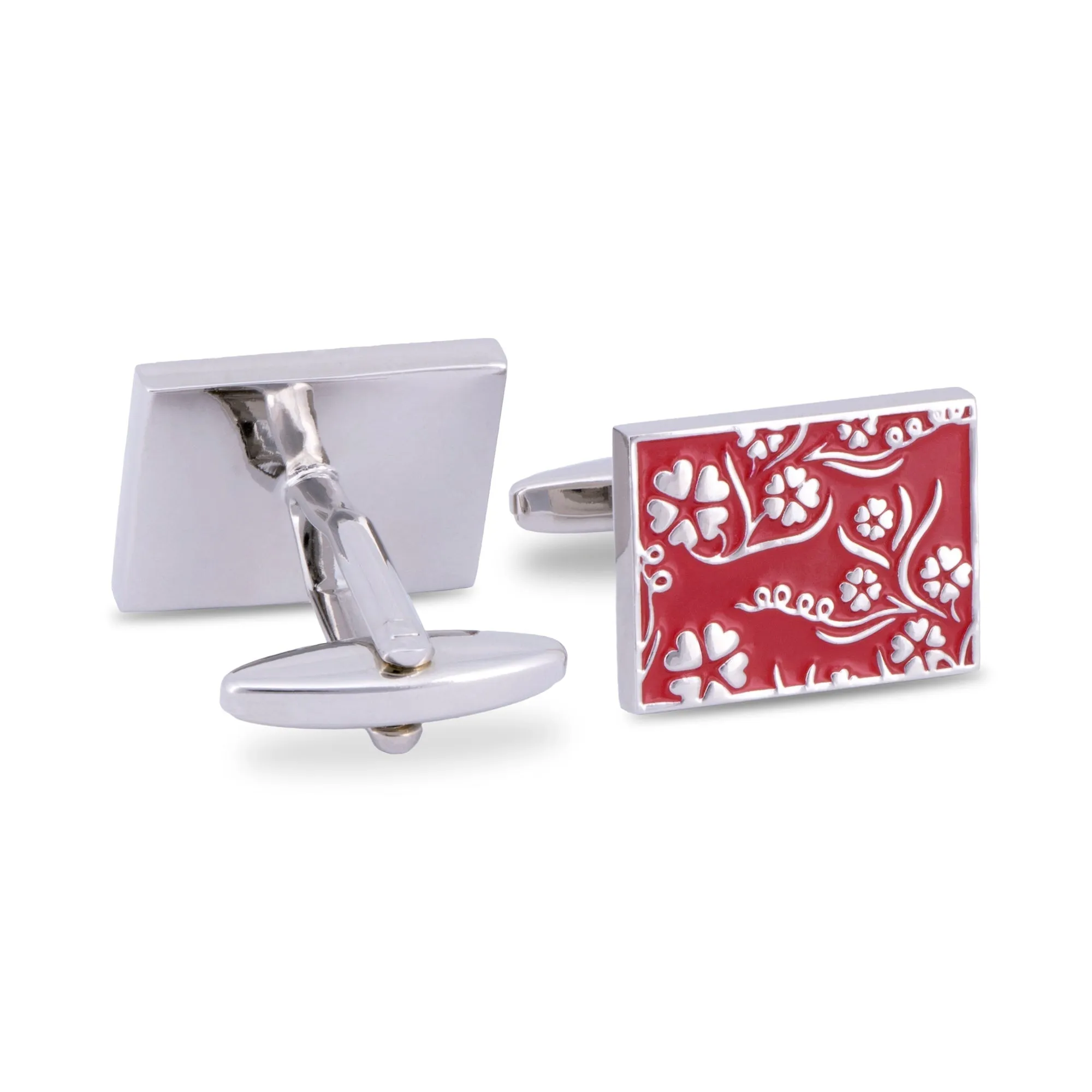 Red Rectangle Cufflinks with Silver Floral Details (Online Exclusive)