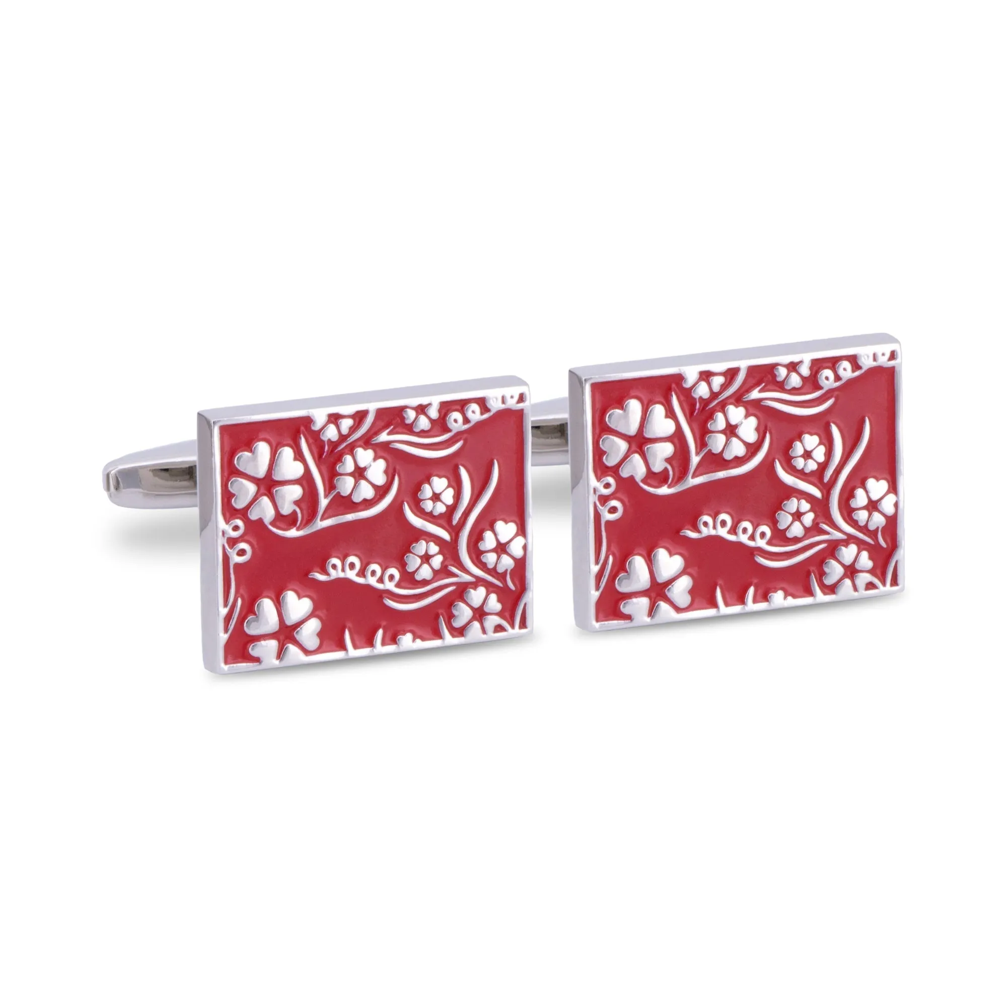 Red Rectangle Cufflinks with Silver Floral Details (Online Exclusive)