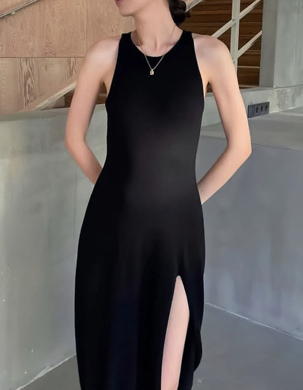 Round Neck Solid-color Sleeveless High Slit Midi Knit A-Line Dresses
