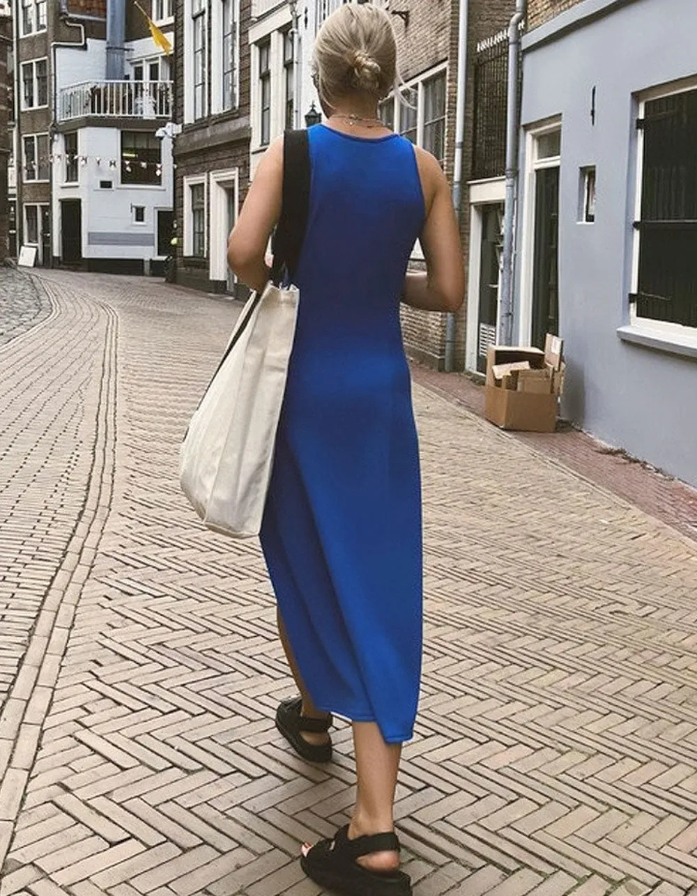 Round Neck Solid-color Sleeveless High Slit Midi Knit A-Line Dresses