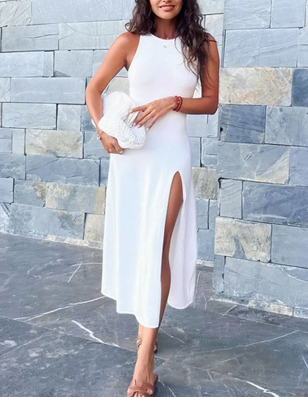 Round Neck Solid-color Sleeveless High Slit Midi Knit A-Line Dresses