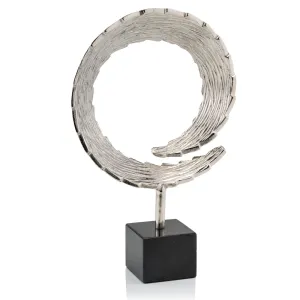 SM Cola Small Marble Base, Circle, Sculpture, Silver, Black, Accents, Décor, Centerpiece, Desk, Home, Office, Tail, Abstract, Aluminum, Modern, 10" x 3.25" x 15.5"