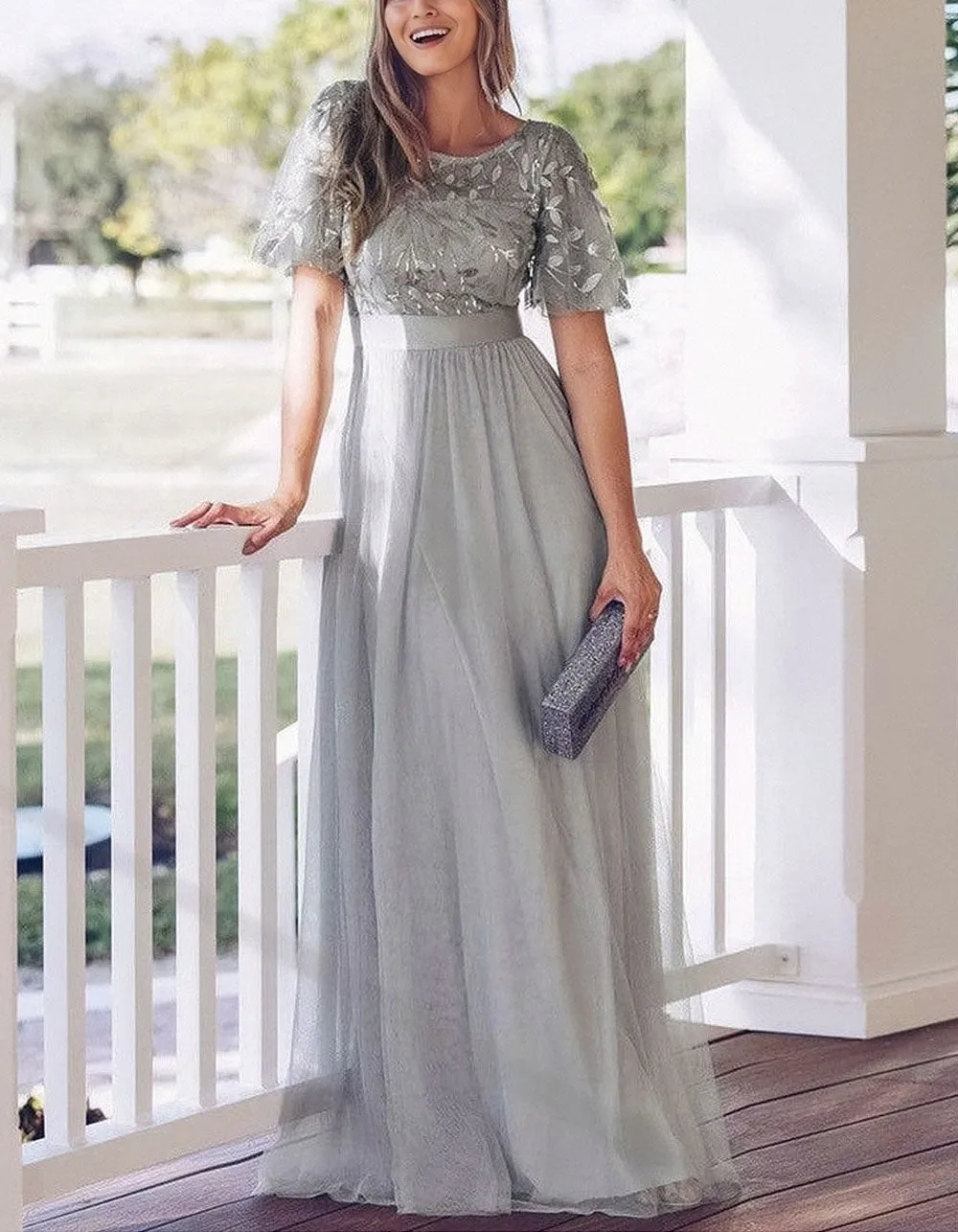 Solid-color High Waist Round Neck Party Mesh Long Evening A-Line Dresses