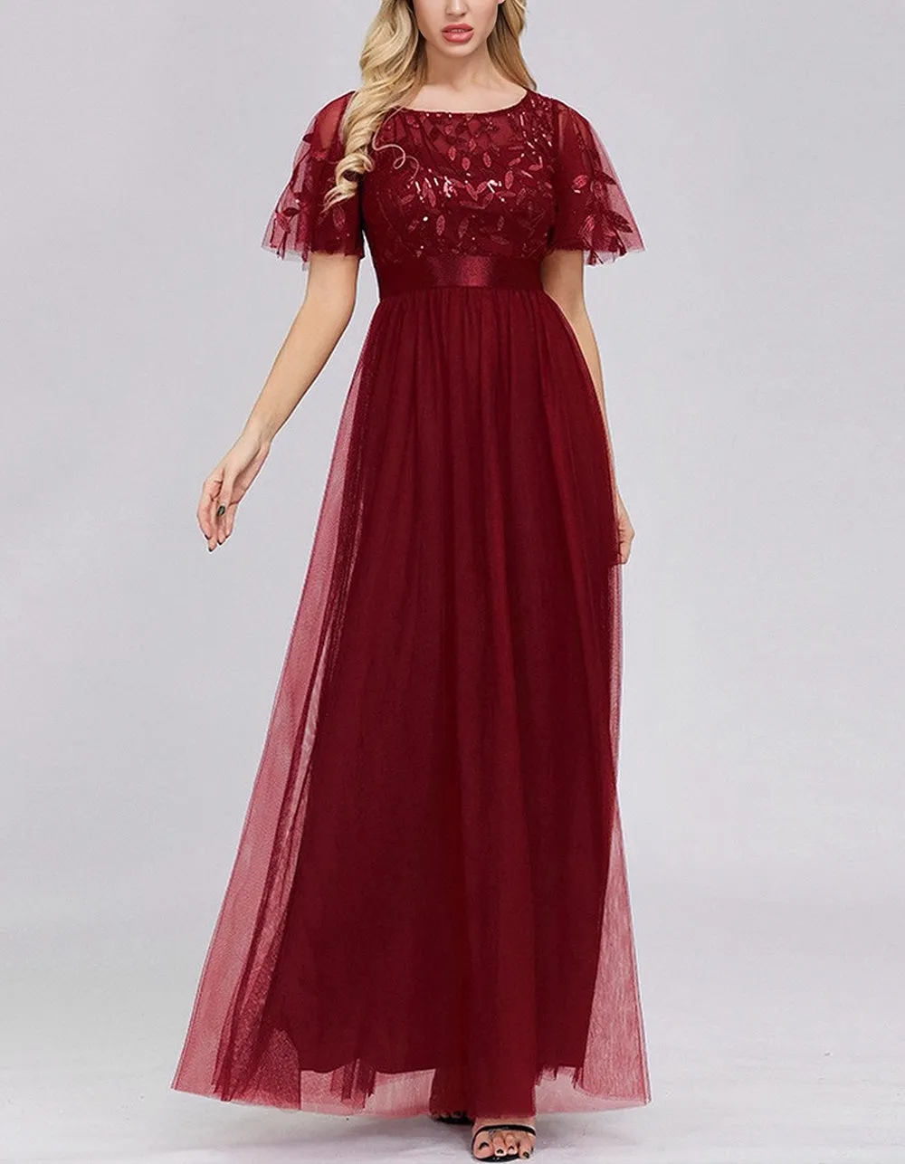 Solid-color High Waist Round Neck Party Mesh Long Evening A-Line Dresses