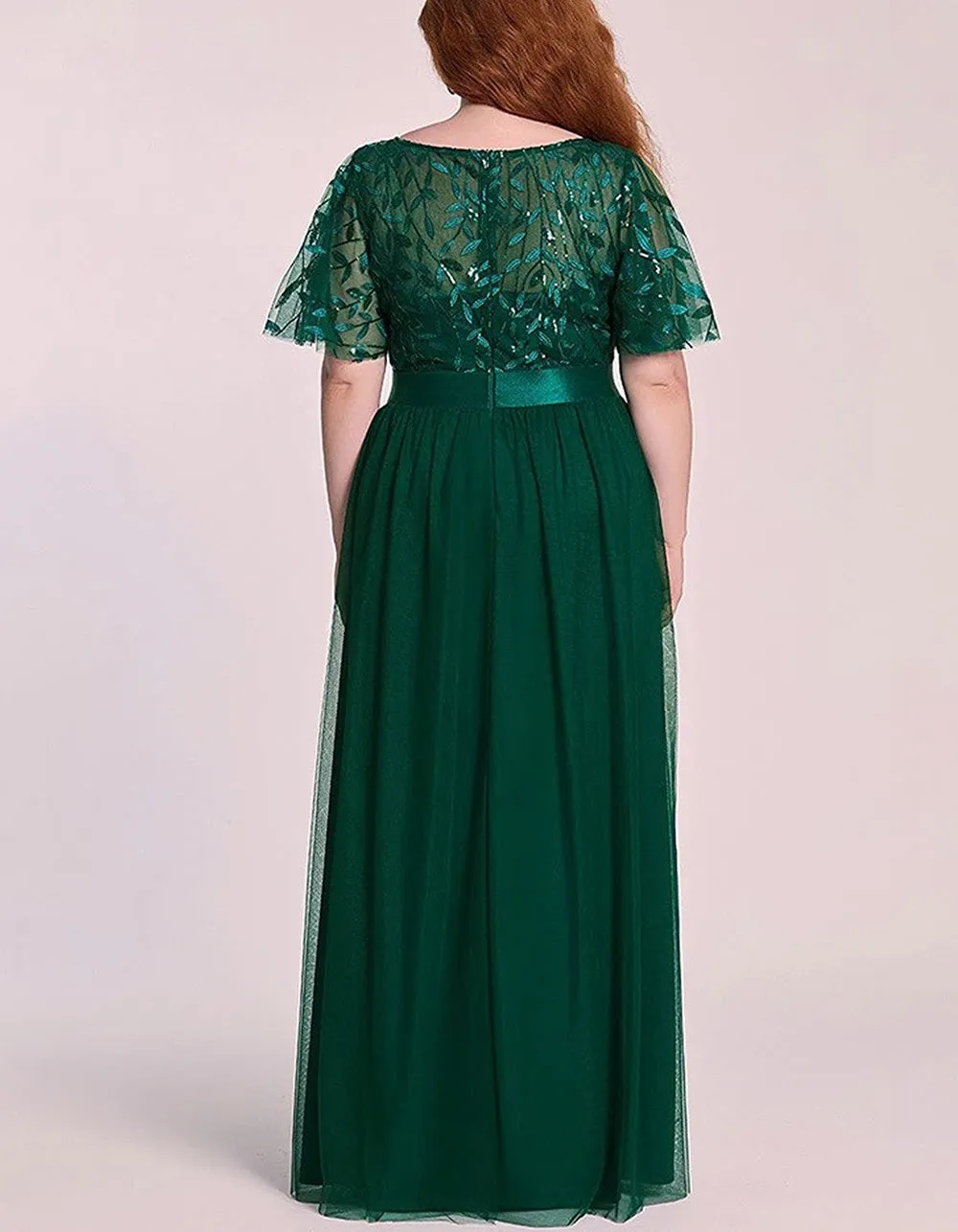 Solid-color High Waist Round Neck Party Mesh Long Evening A-Line Dresses