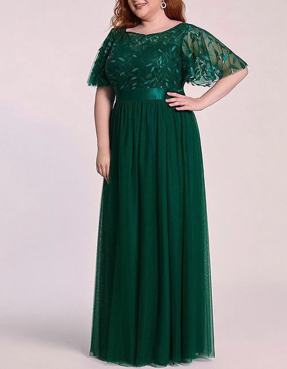Solid-color High Waist Round Neck Party Mesh Long Evening A-Line Dresses
