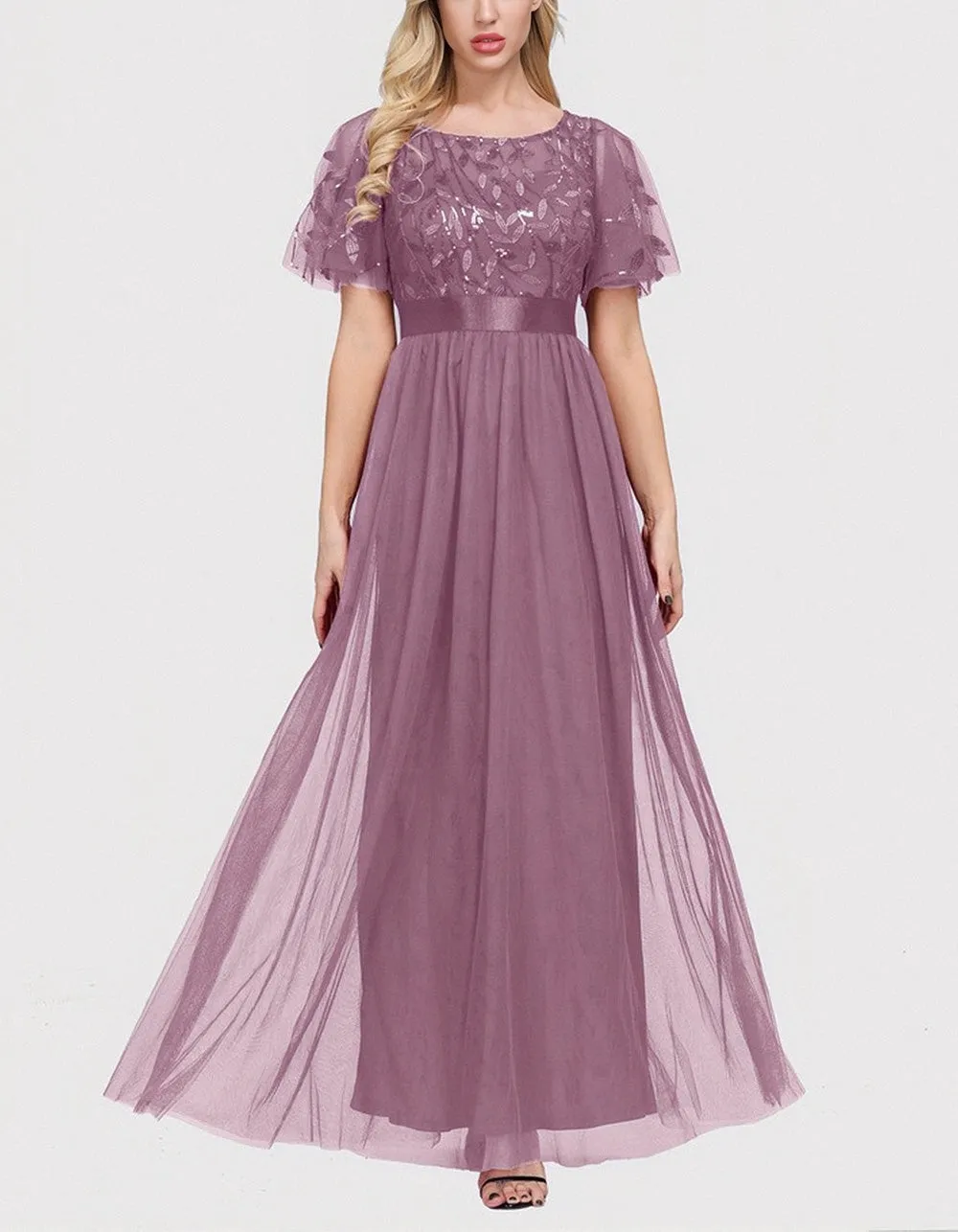 Solid-color High Waist Round Neck Party Mesh Long Evening A-Line Dresses