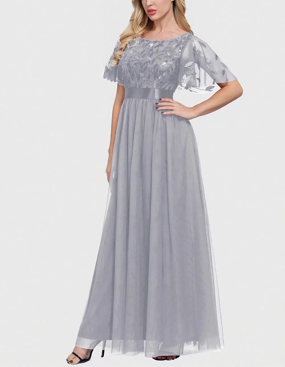 Solid-color High Waist Round Neck Party Mesh Long Evening A-Line Dresses