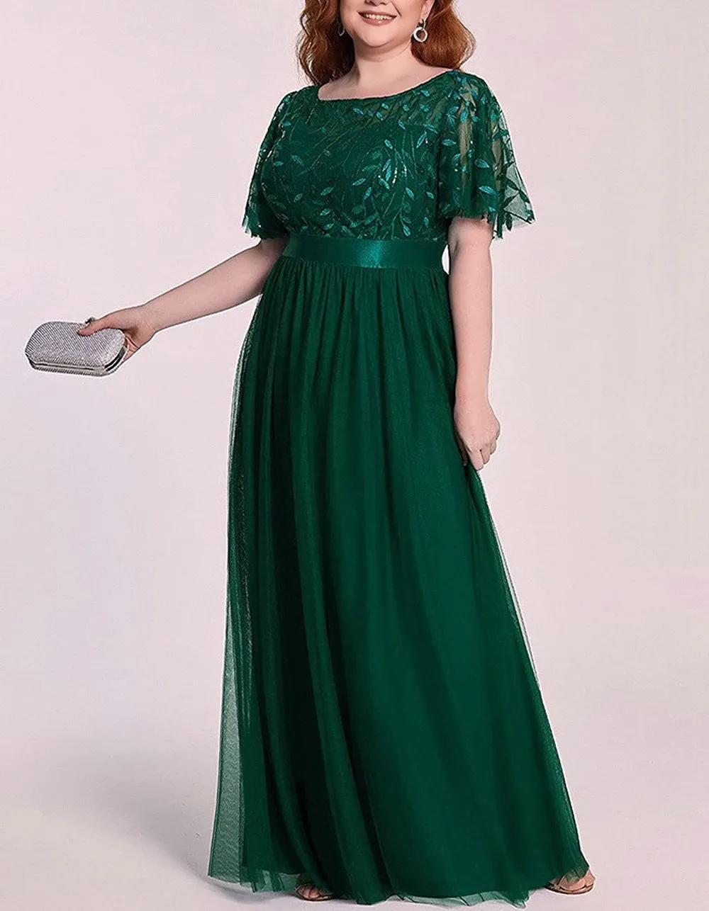 Solid-color High Waist Round Neck Party Mesh Long Evening A-Line Dresses
