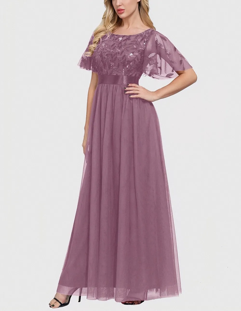 Solid-color High Waist Round Neck Party Mesh Long Evening A-Line Dresses