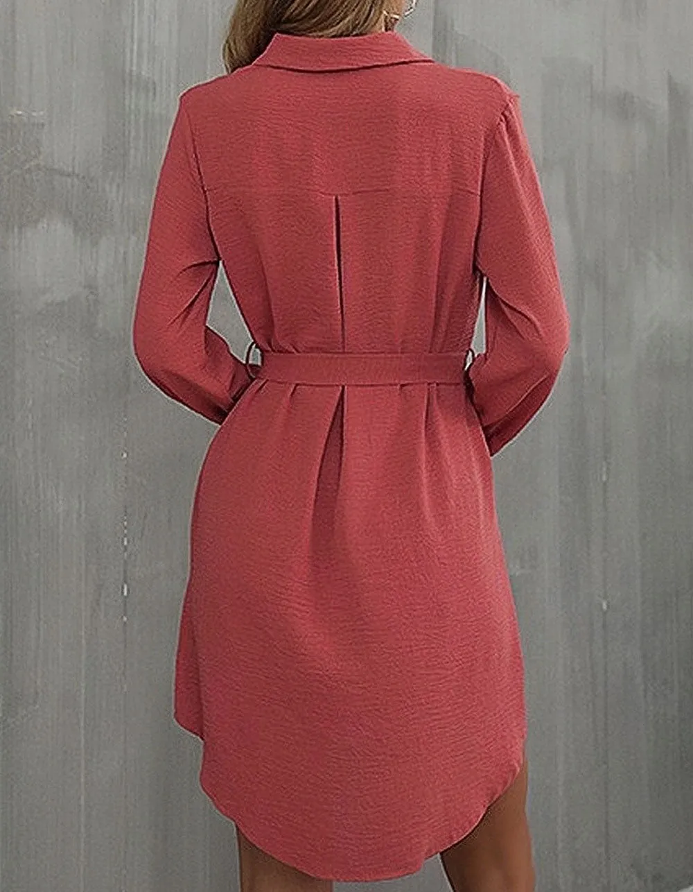 Solid-color Lapel Long Sleeve Button Belted Pocket Short OL Shirt Dresses