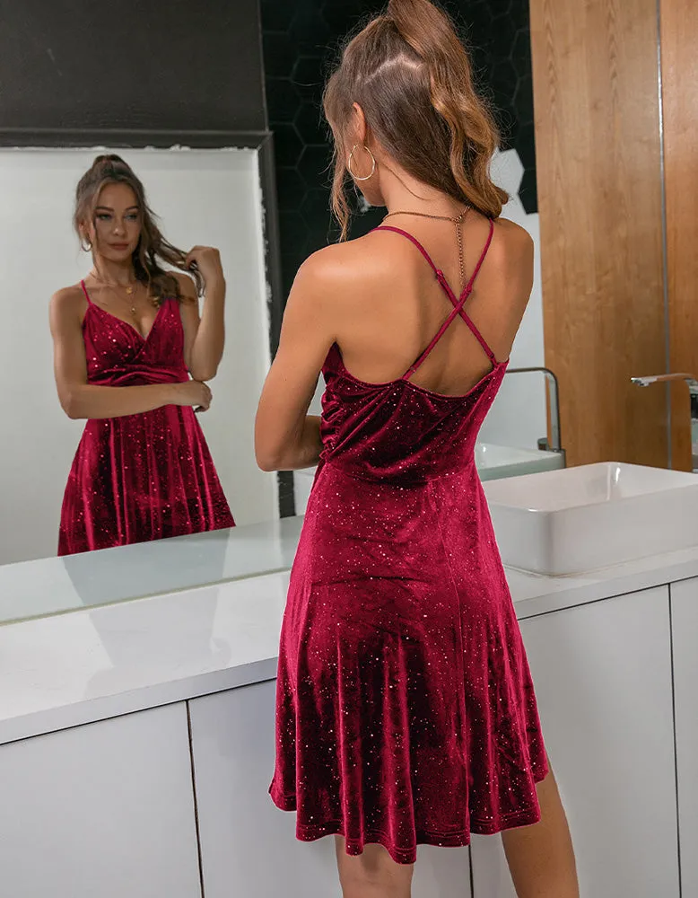Solid-color Strap Backless Gold Velvet Dinner Dresses