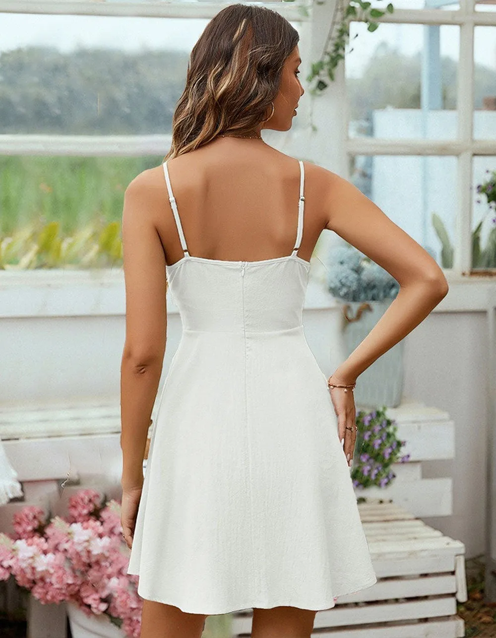 Solid-color Strap Backless Midriff Pleated Short A-Line Dresses