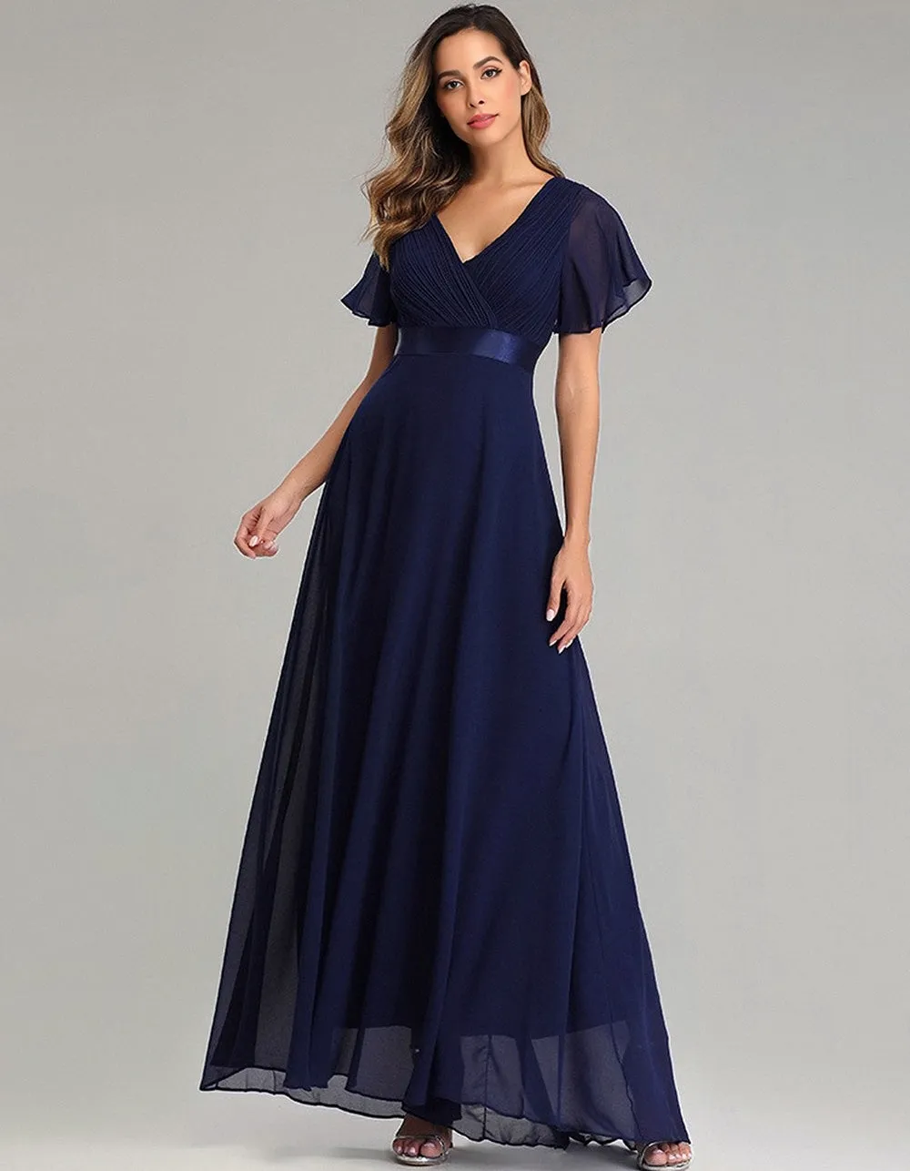 Solid-color V Neck Chiffon Flared Sleeve Bridesmaid Plus Size Evening Dresses
