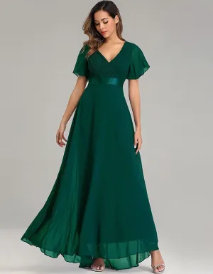 Solid-color V Neck Chiffon Flared Sleeve Bridesmaid Plus Size Evening Dresses