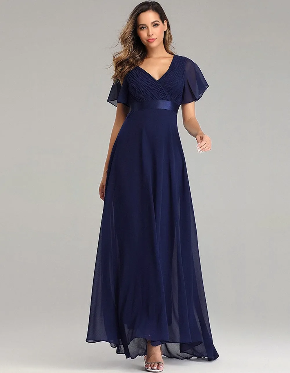 Solid-color V Neck Chiffon Flared Sleeve Bridesmaid Plus Size Evening Dresses
