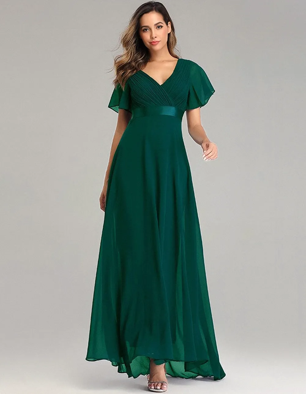 Solid-color V Neck Chiffon Flared Sleeve Bridesmaid Plus Size Evening Dresses