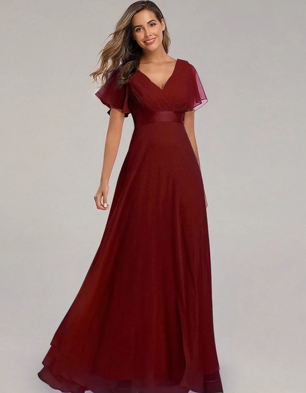 Solid-color V Neck Chiffon Flared Sleeve Bridesmaid Plus Size Evening Dresses