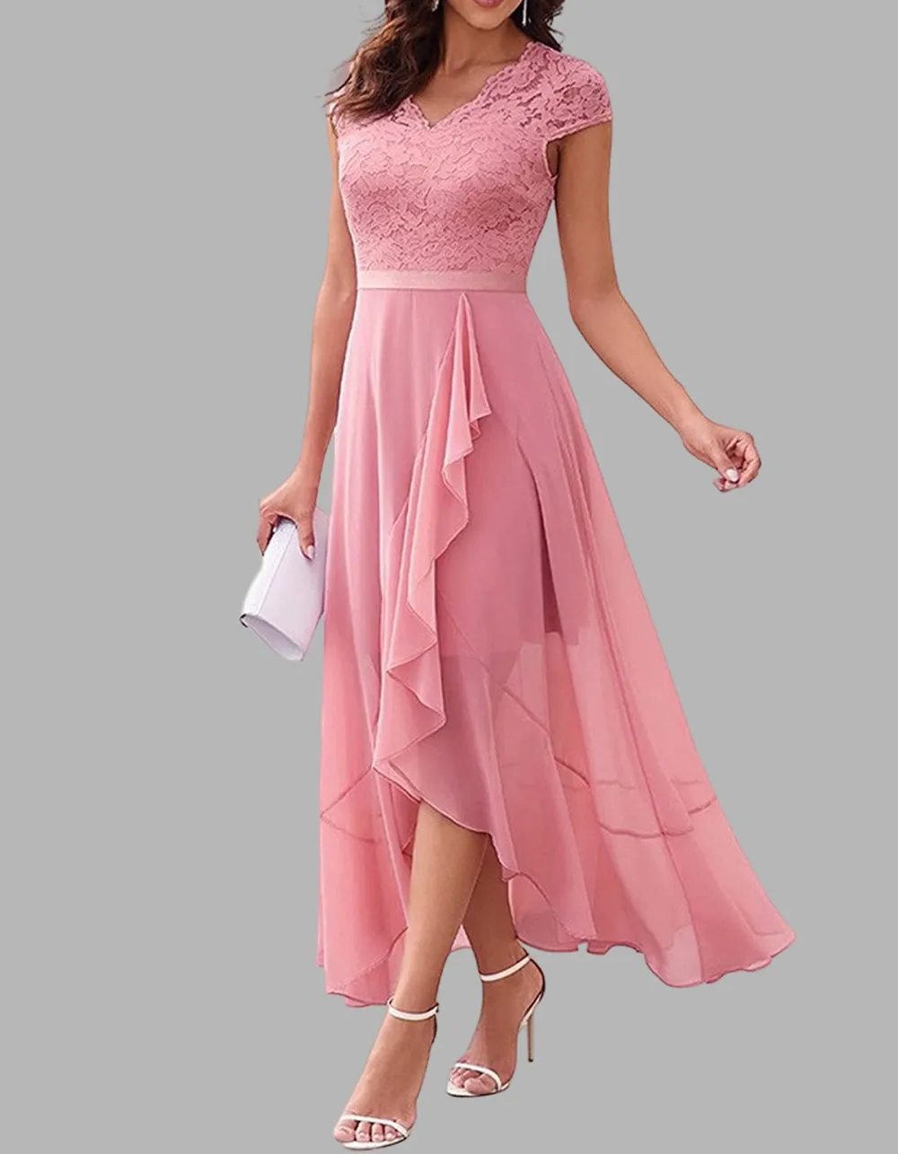 Solid-color V Neck Short Sleeve Lace High Waist Asymmetrical Long A-Line Dresses