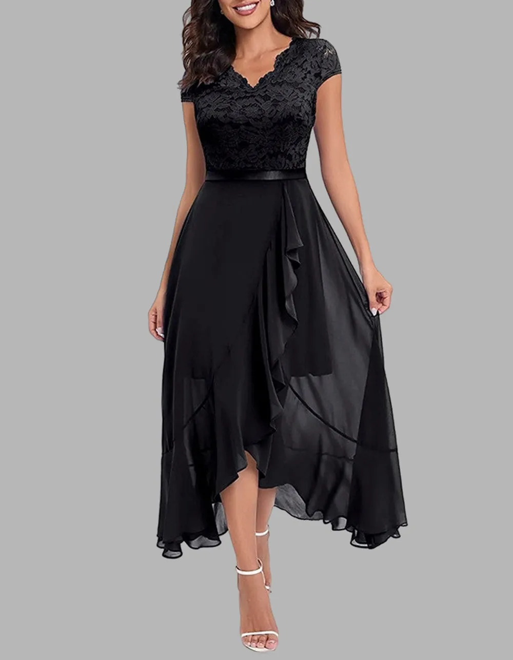Solid-color V Neck Short Sleeve Lace High Waist Asymmetrical Long A-Line Dresses