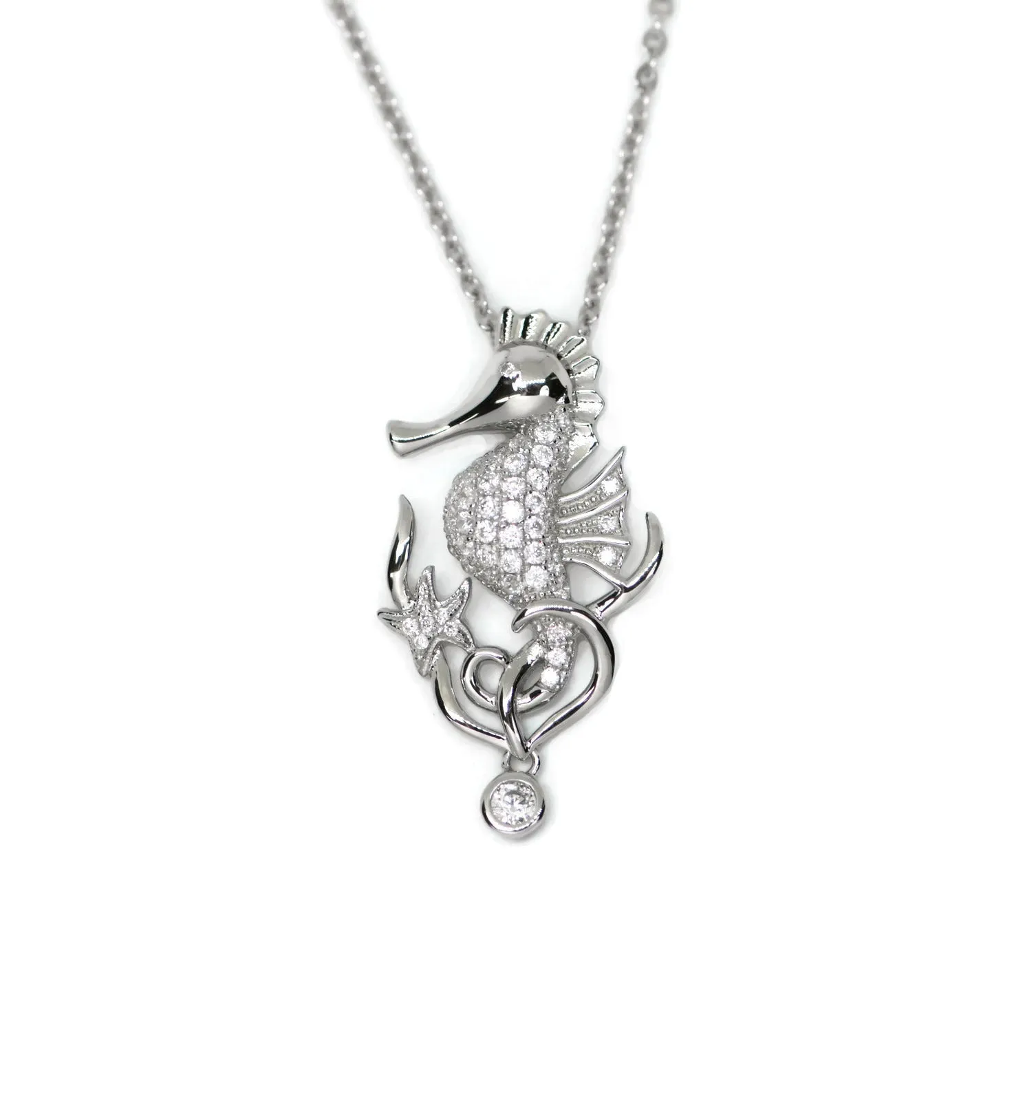 Sterling Silver Alamea Hawaii Pave CZ Seahorse and Starfish Pendant