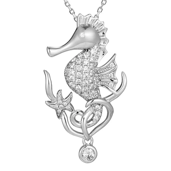Sterling Silver Alamea Hawaii Pave CZ Seahorse and Starfish Pendant
