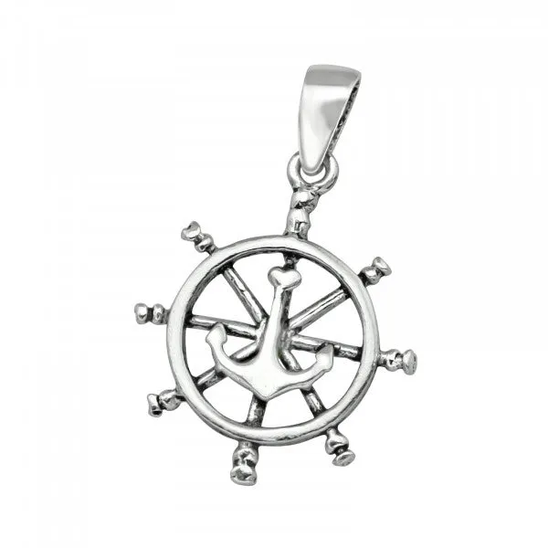 Sterling Silver Anchor Wheel Pendant Necklace