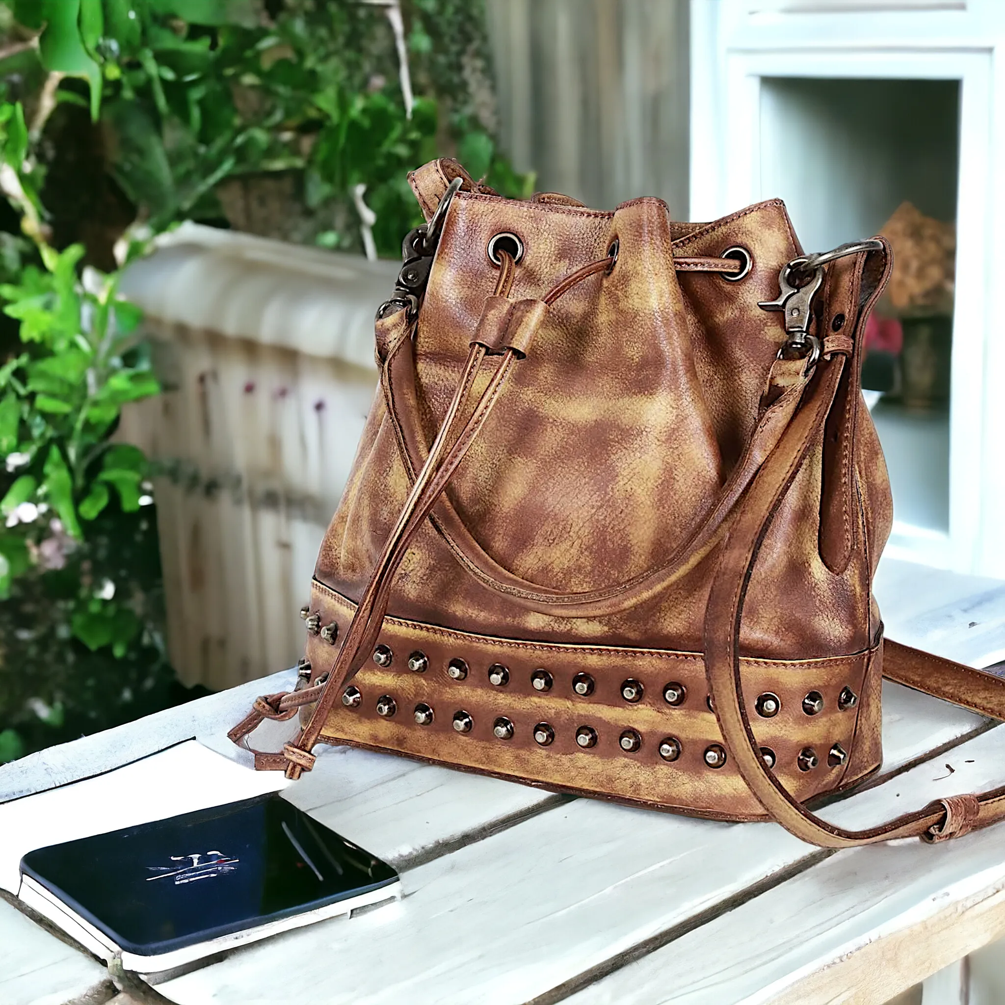 Studded Leather Bucket Bag