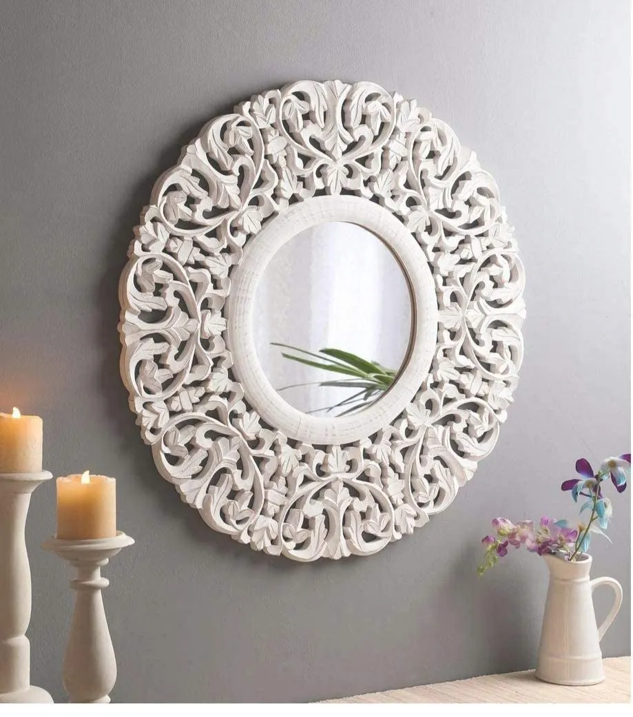 The Sara Enterprises Wood Hand Crafted Round Distressed White&Gold Finished Vanity Wall Mirror for Living Room, 24X24 Inches (Multicolor)