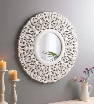 The Sara Enterprises Wood Hand Crafted Round Distressed White&Gold Finished Vanity Wall Mirror for Living Room, 24X24 Inches (Multicolor)