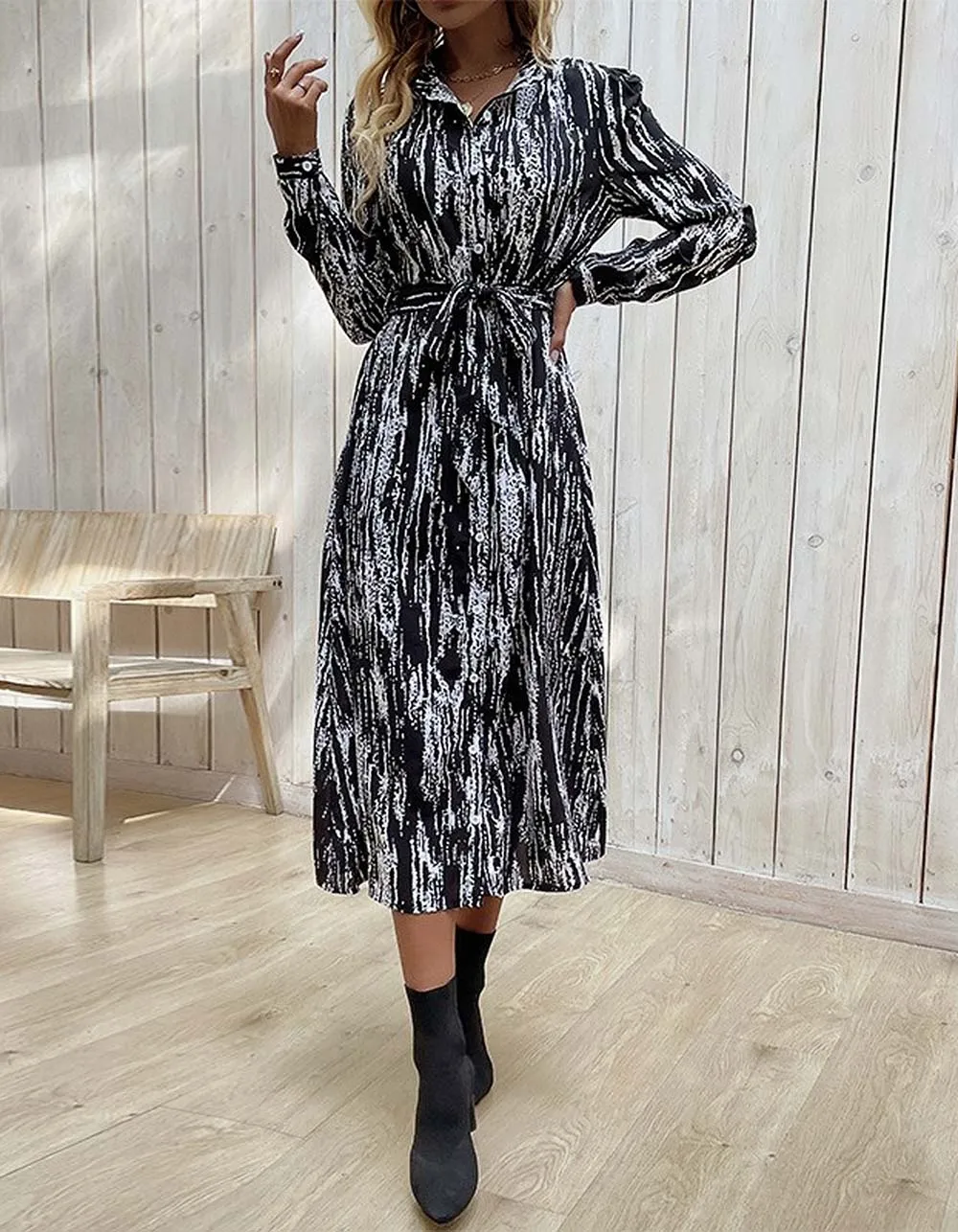 Tie-Dye Printed Lapel Slits Mid-Rise Mid A-Line Dresses
