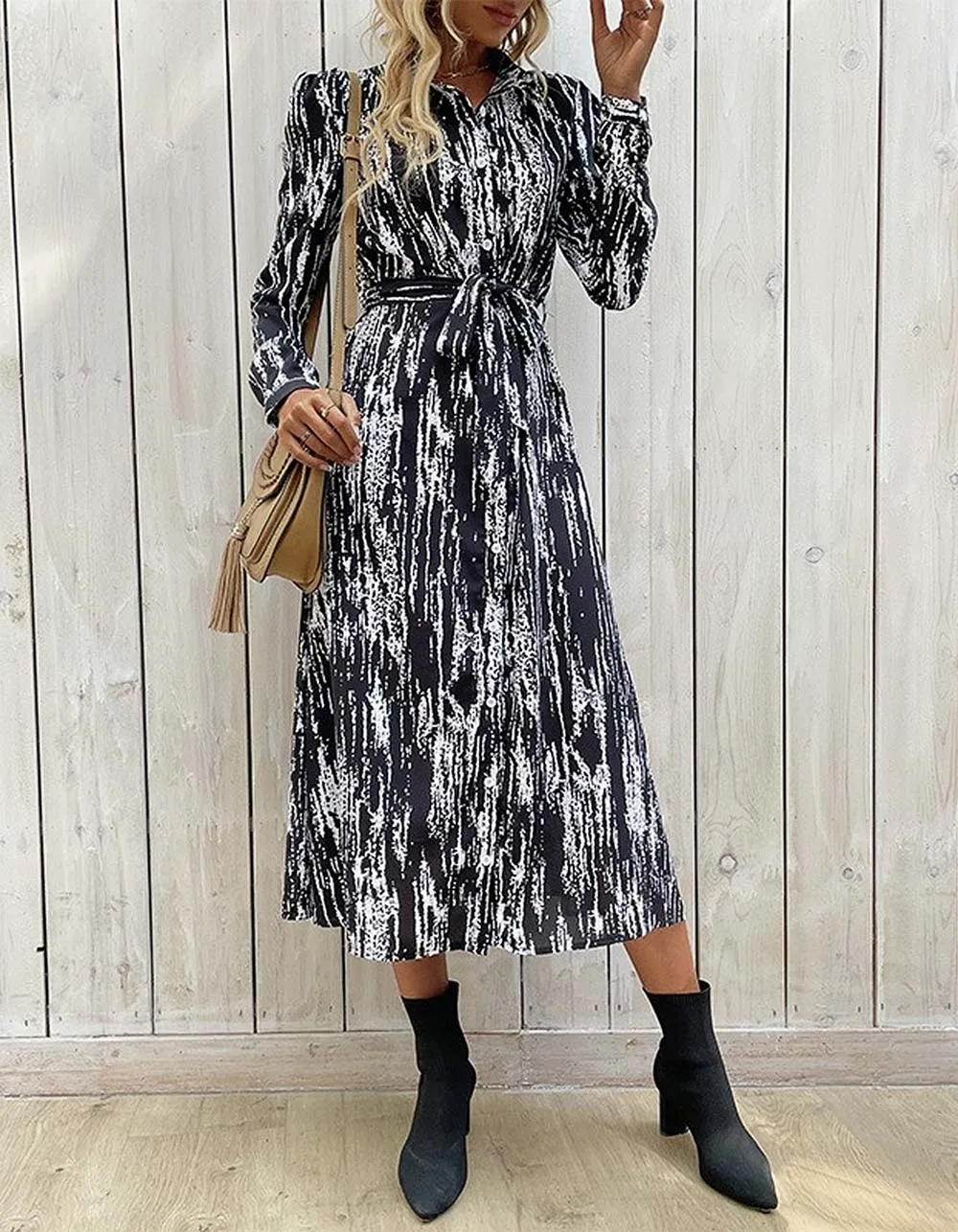 Tie-Dye Printed Lapel Slits Mid-Rise Mid A-Line Dresses