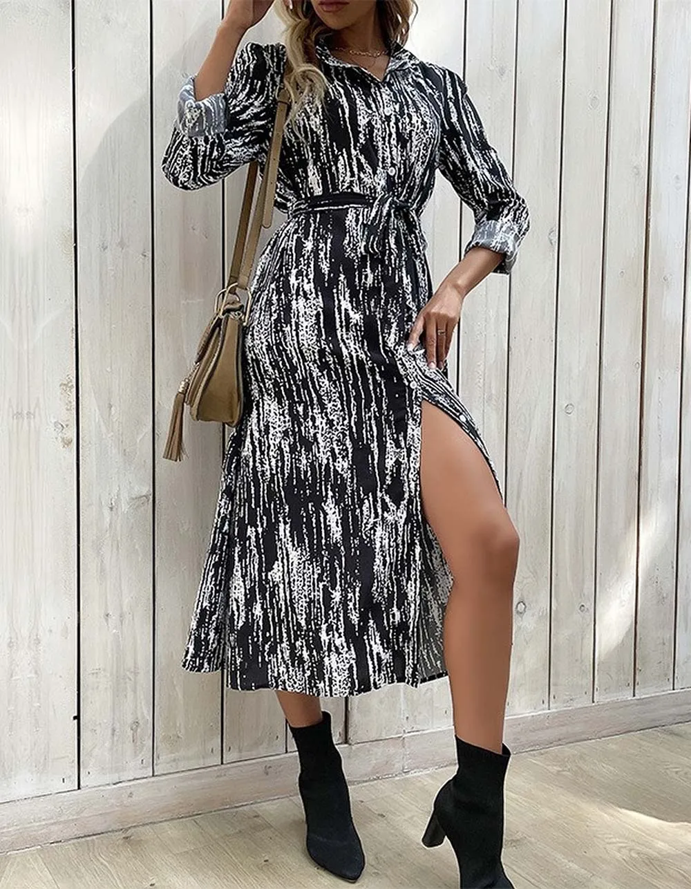 Tie-Dye Printed Lapel Slits Mid-Rise Mid A-Line Dresses