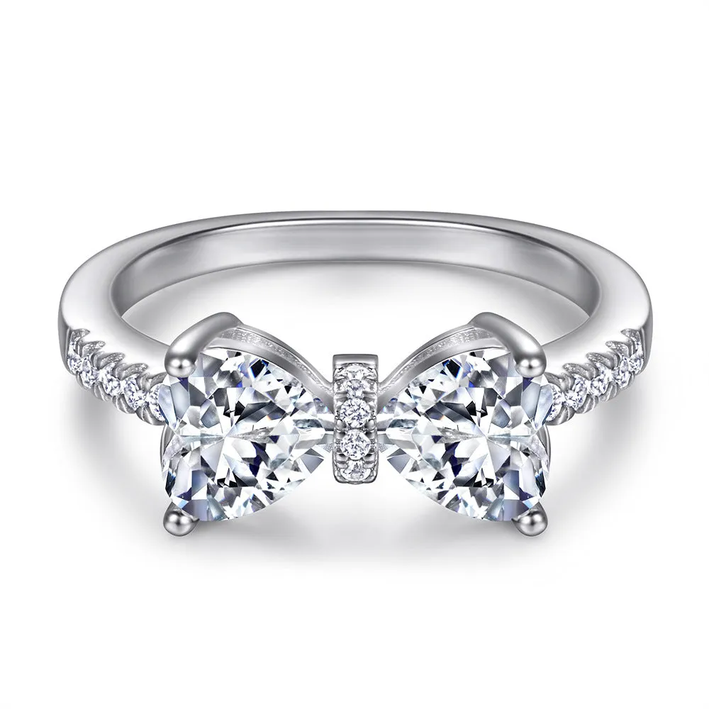 Two Heart-shaped Zircon Bow Silver Ring