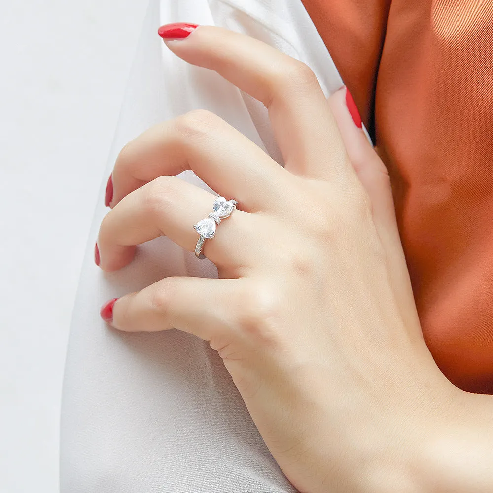 Two Heart-shaped Zircon Bow Silver Ring