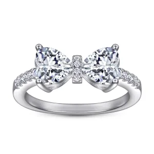 Two Heart-shaped Zircon Bow Silver Ring