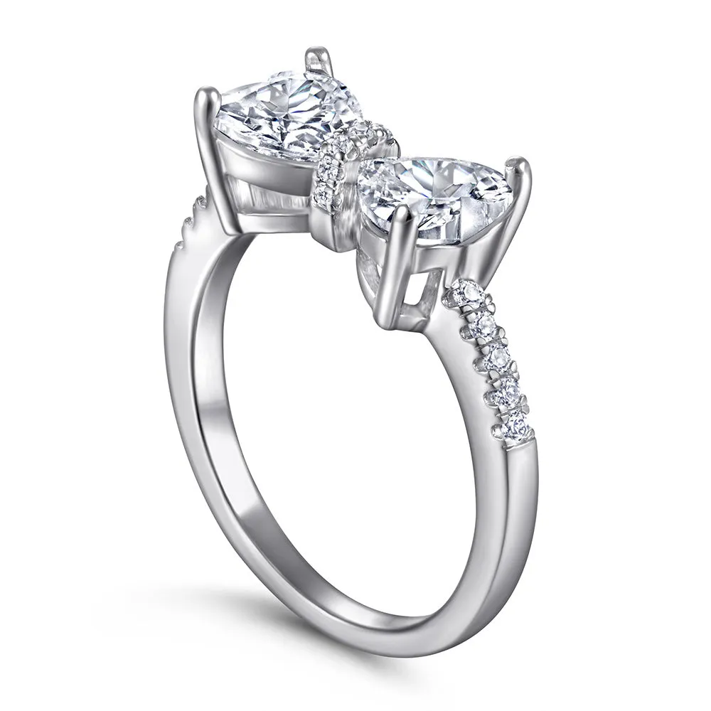 Two Heart-shaped Zircon Bow Silver Ring
