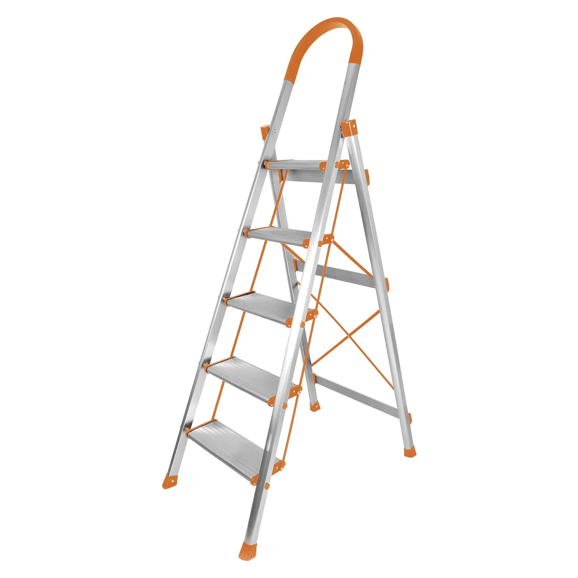 UMAI Aluminium Ladder for Home 5 Step Foldable | Large Platform | Anti-Slip Steps Edge Guard | Heavy Duty Foldable 5 Step Ladder | Slip-Resistant Durable Wide Steps | Orange and Silver