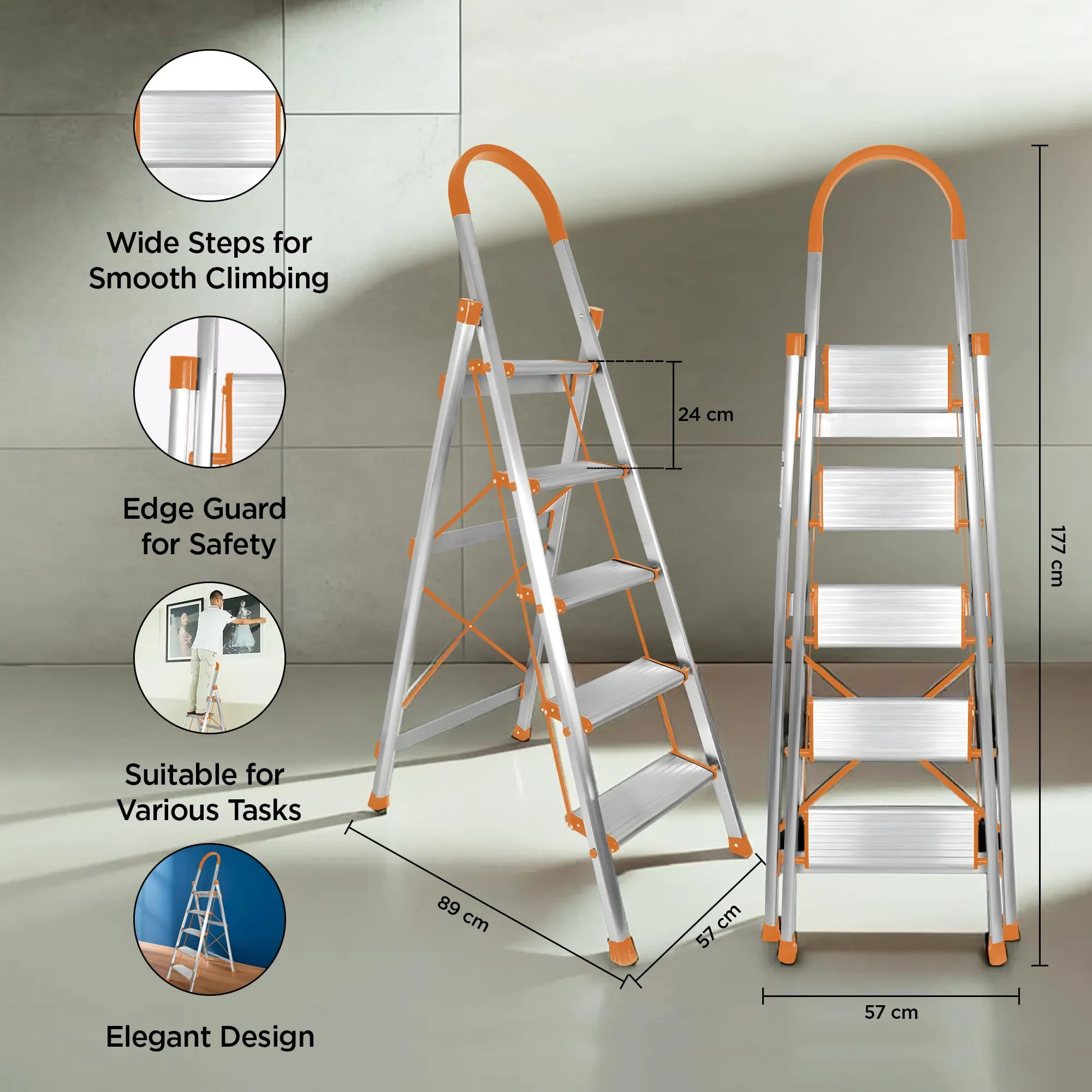 UMAI Aluminium Ladder for Home 5 Step Foldable | Large Platform | Anti-Slip Steps Edge Guard | Heavy Duty Foldable 5 Step Ladder | Slip-Resistant Durable Wide Steps | Orange and Silver