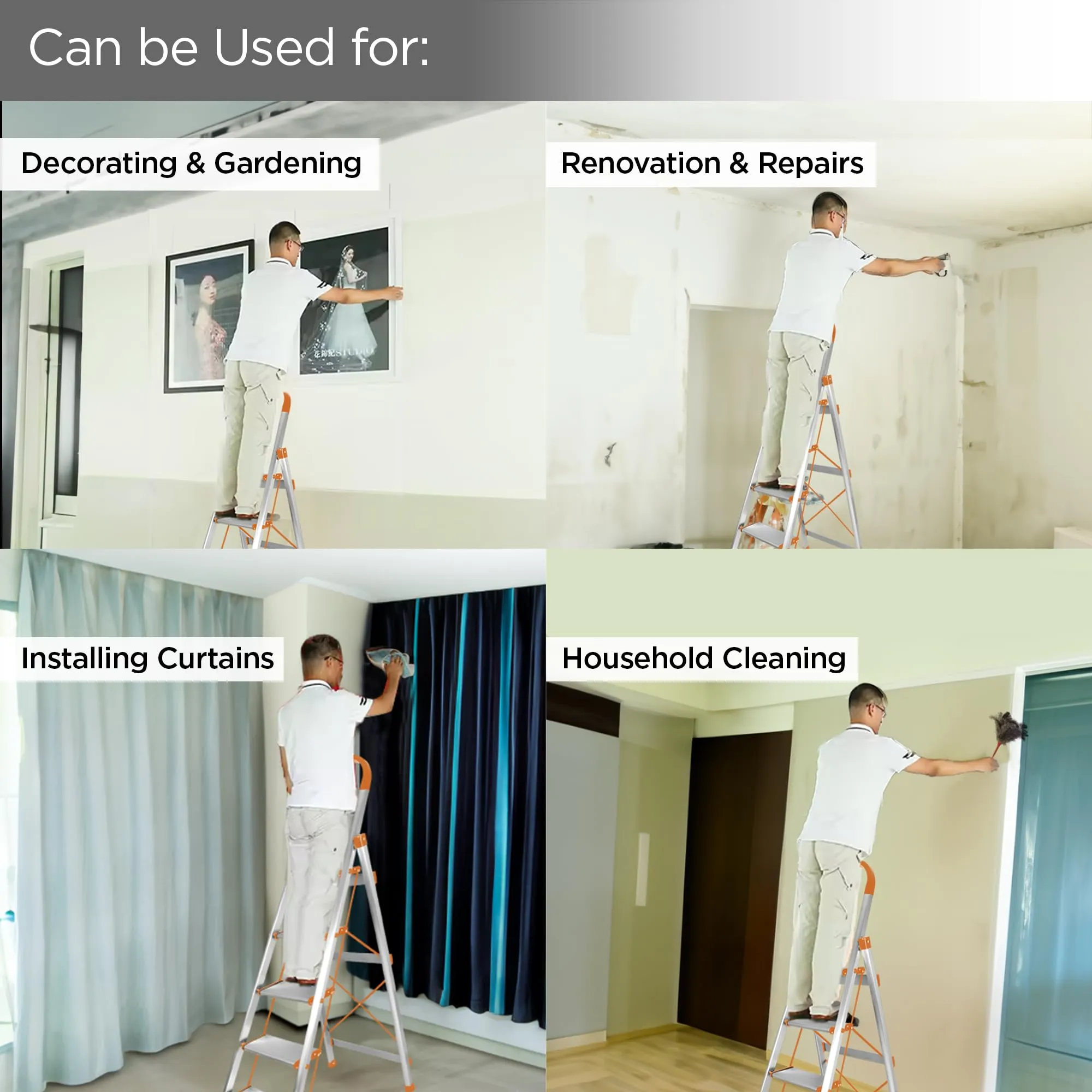 UMAI Aluminium Ladder for Home 5 Step Foldable | Large Platform | Anti-Slip Steps Edge Guard | Heavy Duty Foldable 5 Step Ladder | Slip-Resistant Durable Wide Steps | Orange and Silver