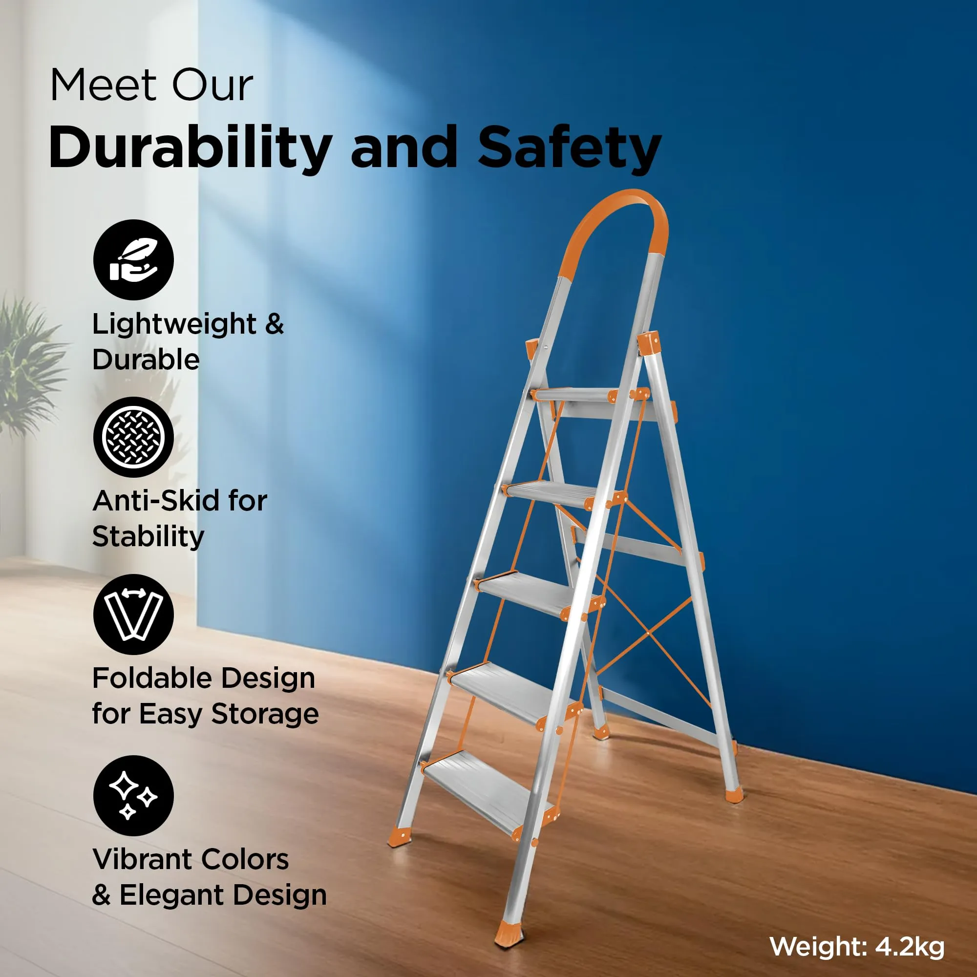 UMAI Aluminium Ladder for Home 5 Step Foldable | Large Platform | Anti-Slip Steps Edge Guard | Heavy Duty Foldable 5 Step Ladder | Slip-Resistant Durable Wide Steps | Orange and Silver