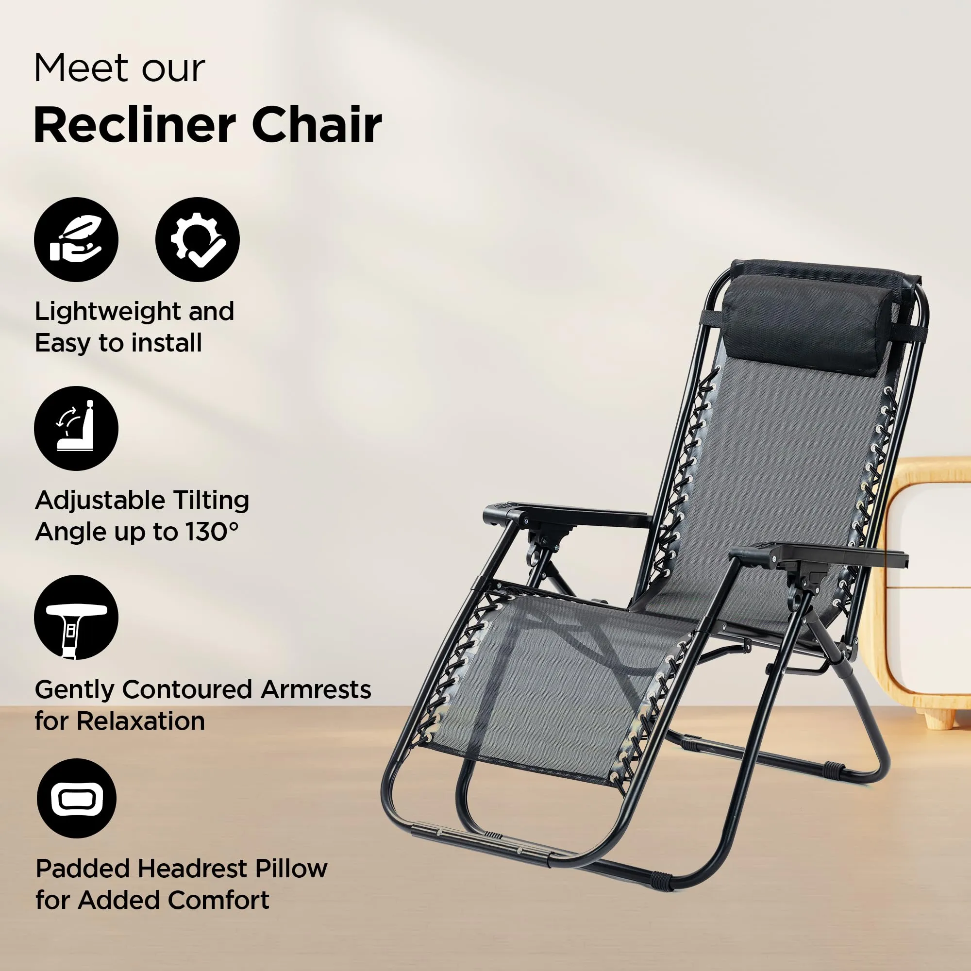 UMAI Recliner Chair | Easy Chair | Relaxing Chair for Home | Portable Foldable | Adjustable Pillow | Comfortable Lounge | Lawn Balcony Home Room | Folding Chair | Black